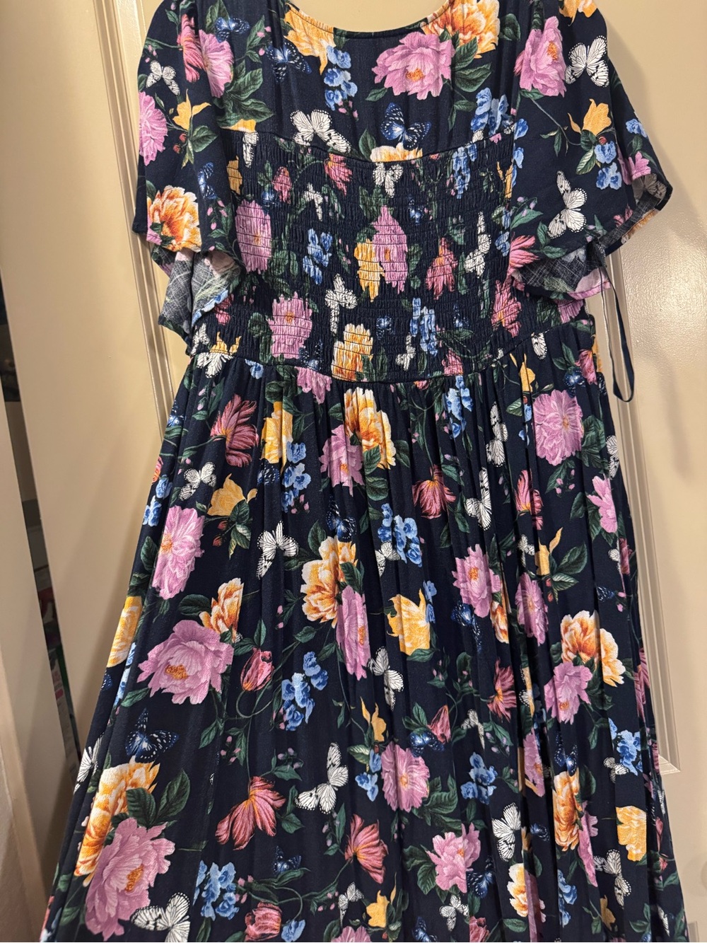 torrid Navy Floral Smocked Midi Dress with Pink, Yellow & Blue Blooms - Picture 6 of 6